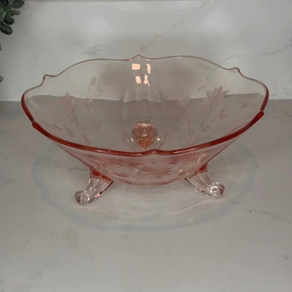 Lancaster Glass Jubilee‎ Pattern Three-Footed Bowl Etched Floral Design
